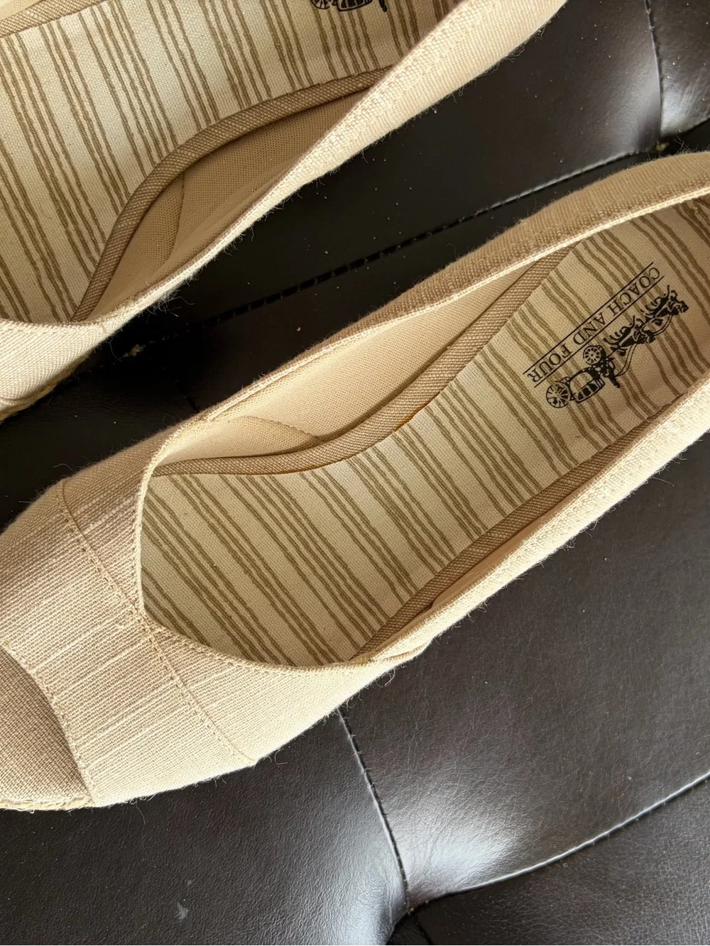 Coach and Four Womens Size 8 Beige Fabric Peep Toe Espadrille Wedge Shoes